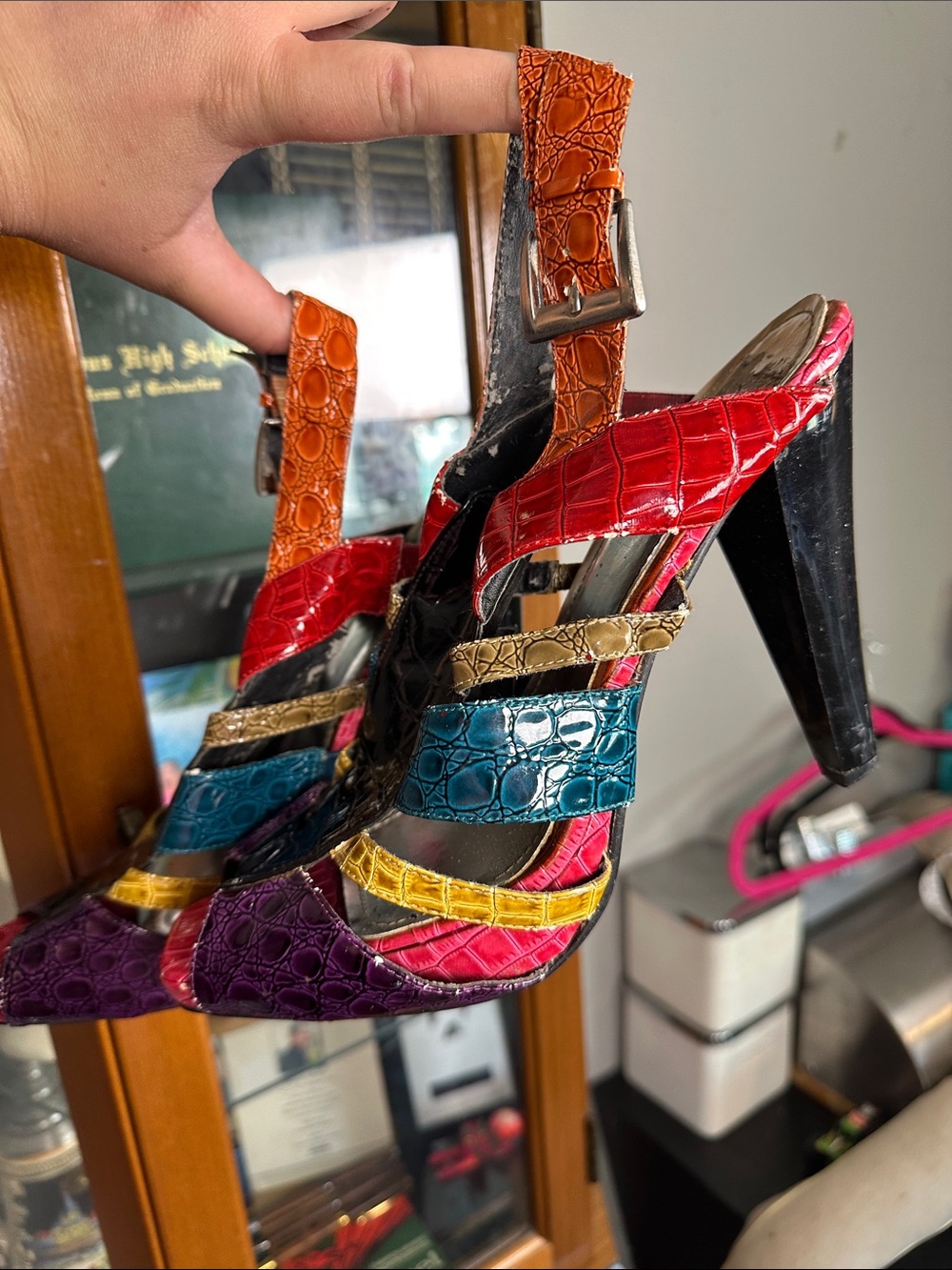 Anne Michelle Multicolor Croc-Embossed Strappy High Heels